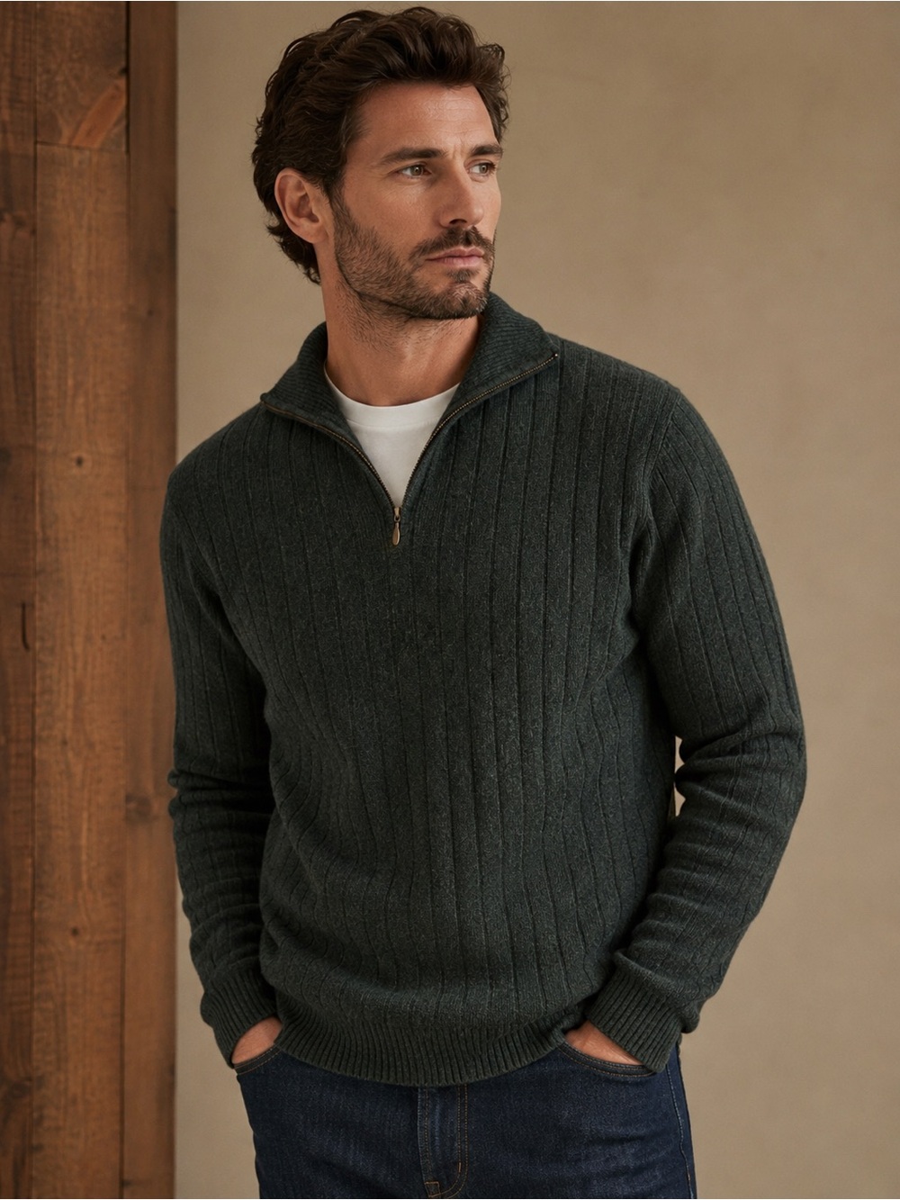 Dorce 100% 2-Ply Cashmere Quarter Zip Sweater Men’s Large Hunter Green Ribbed